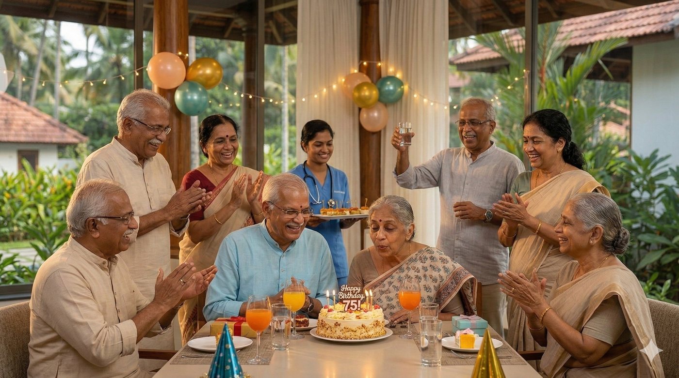Residents and staff at a 75th birthday, with balloons and string lights