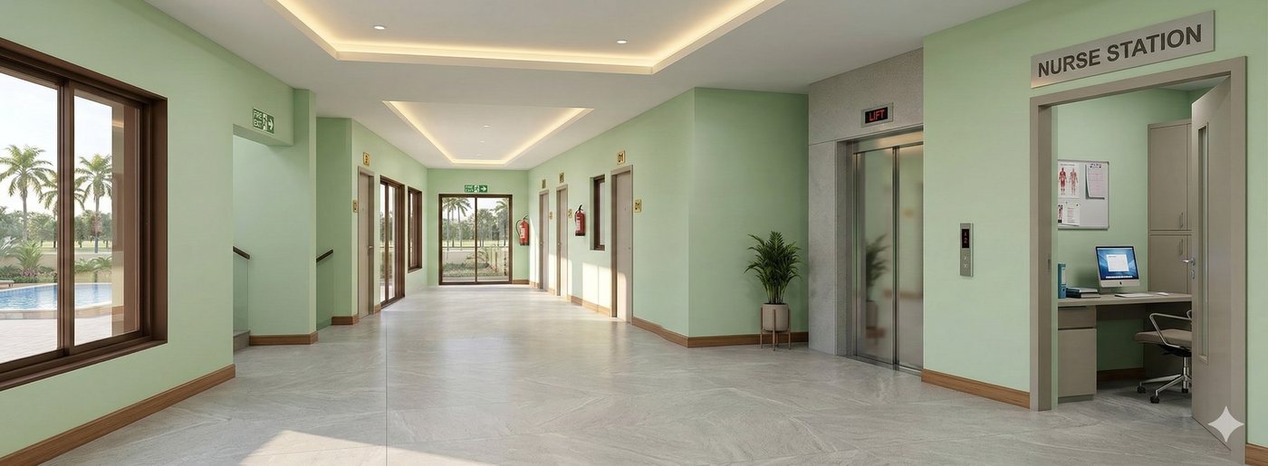 A wide, well-lit residential corridor leading past the lift lobby and a nurse station