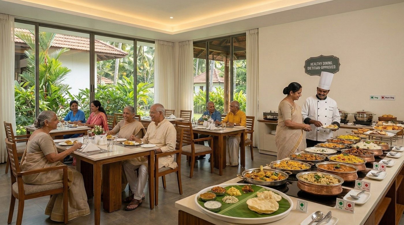 Kitchen staff at the buffet under a sign reading Healthy Dining, Dietitian Approved