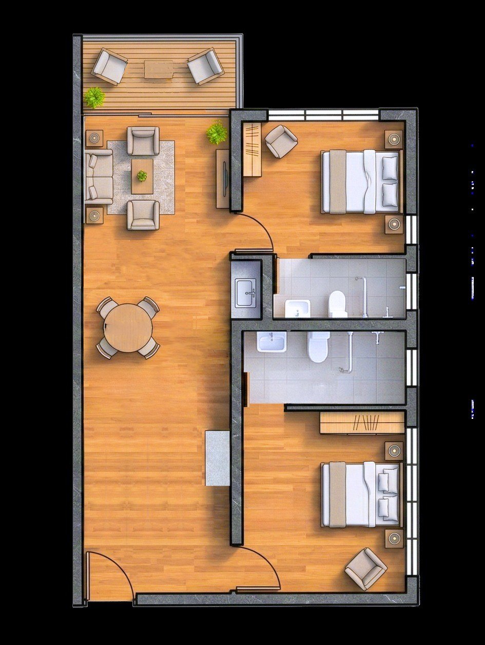 Floor plan of the 850 square foot two-bedroom apartment