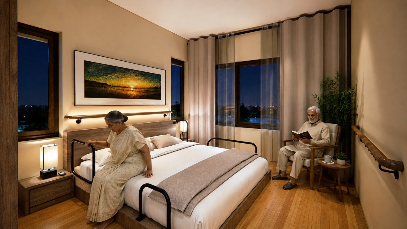 A woman rising from bed using a bed rail at night while her husband reads nearby, handrails lit along the wall