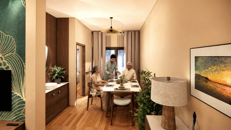 A son serving a meal to his parents at the dining table in their apartment