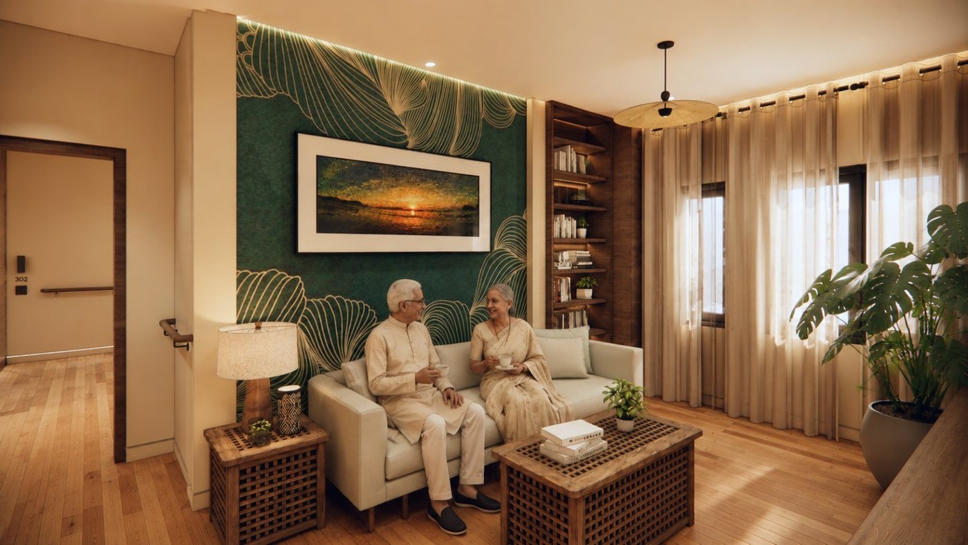 A couple sitting with tea in the living room of an apartment, a deep green feature wall behind them