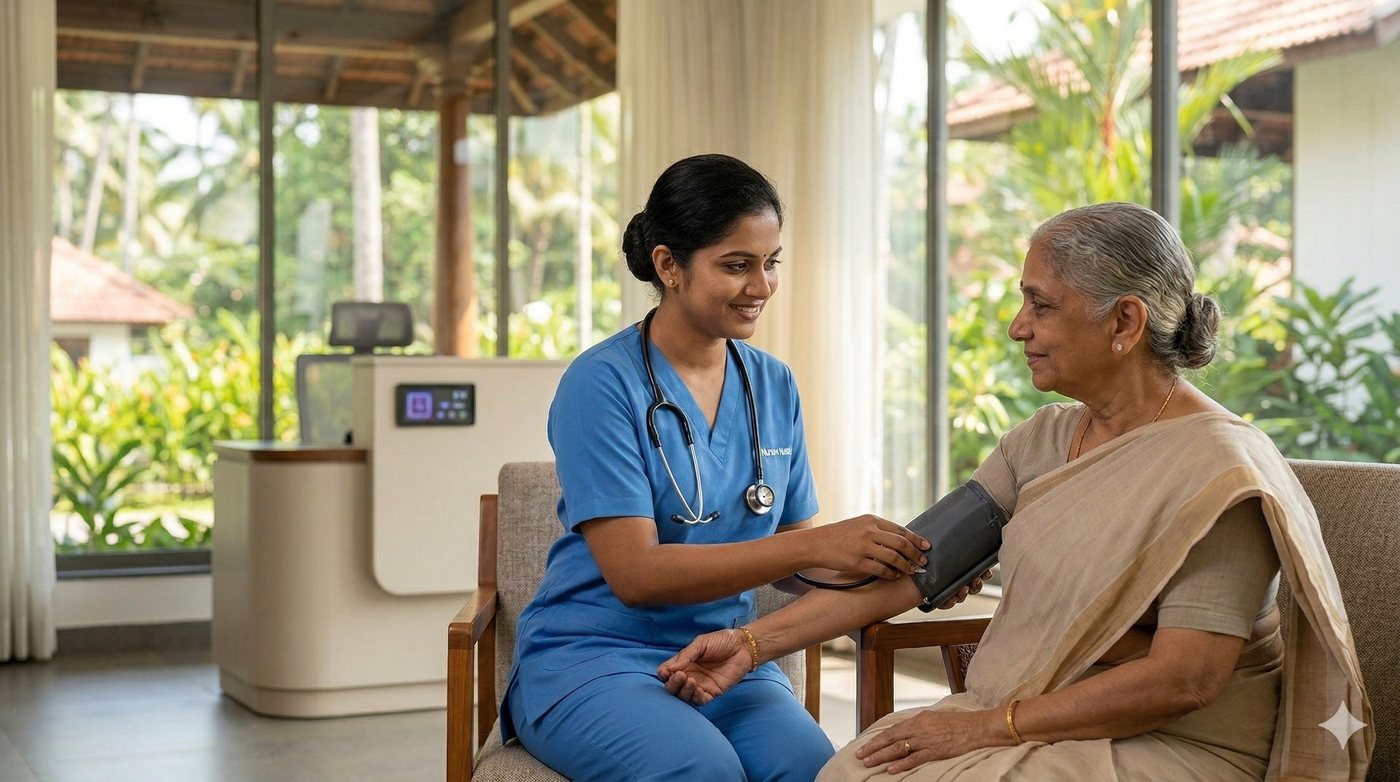 A nurse taking a resident's blood pressure
