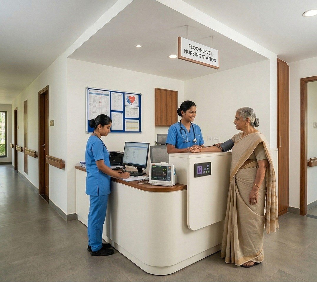 Two nurses at a floor-level nursing station with a resident
