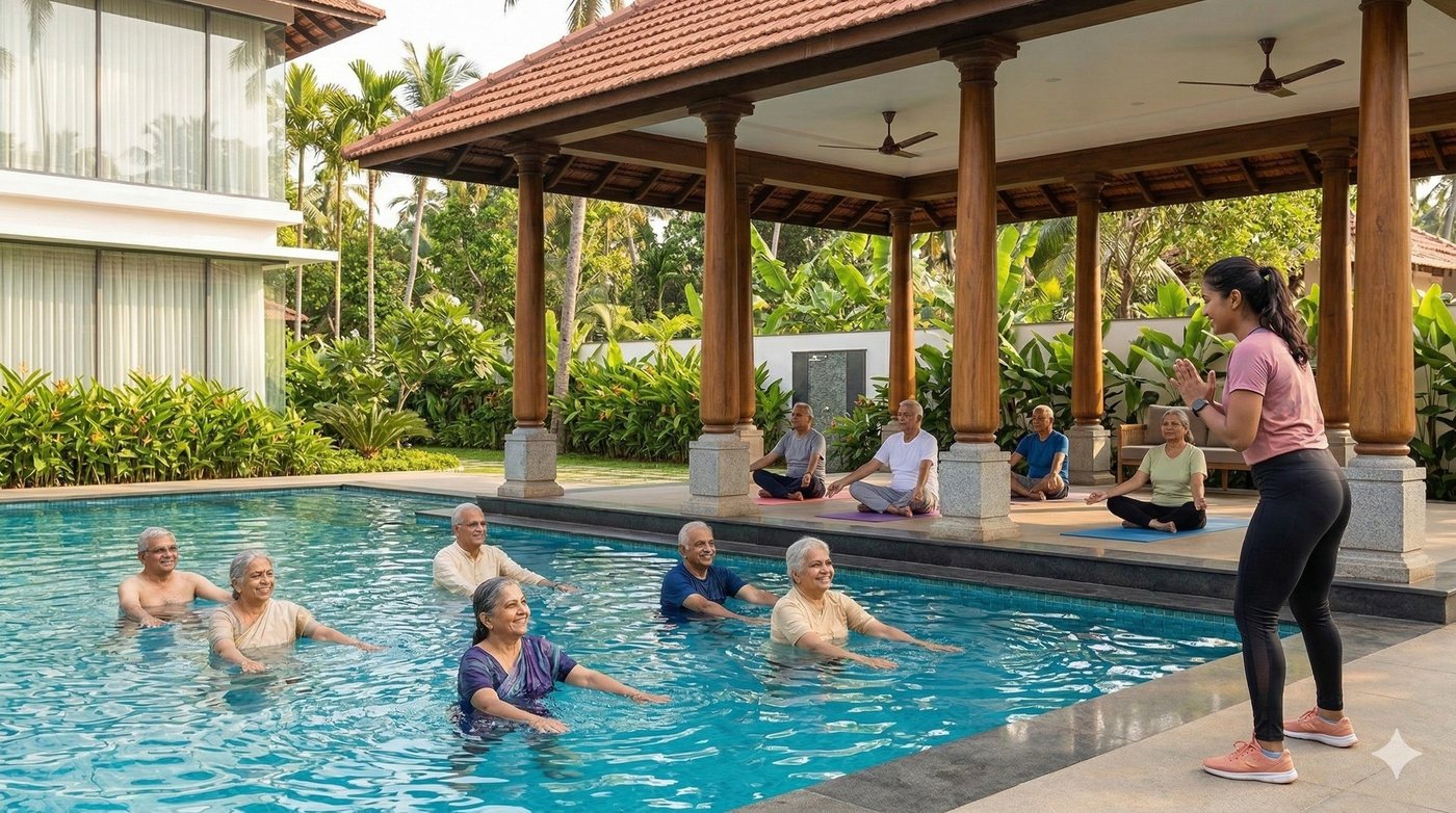A yoga session on the poolside pavilion, with residents in the pool behind