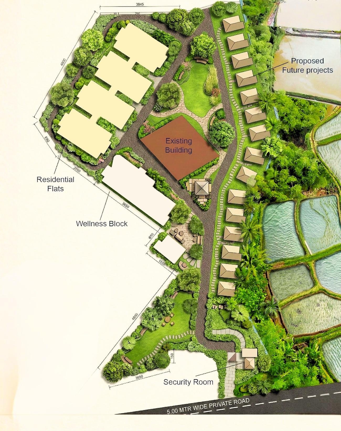 Top-down plan of the site showing the residential blocks, wellness block and entrance