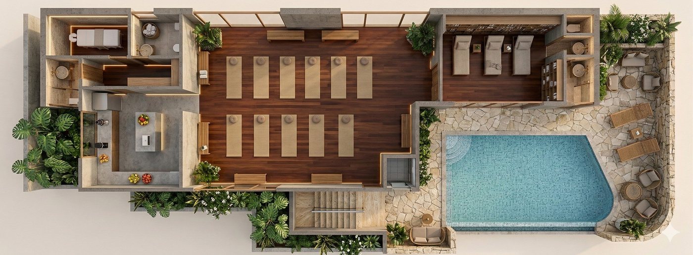 Cutaway plan of the wellness block showing the gym, treatment rooms and pool