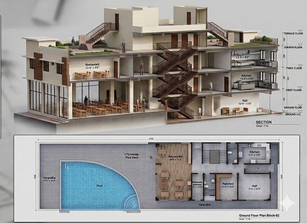 Cutaway section through the wellness block